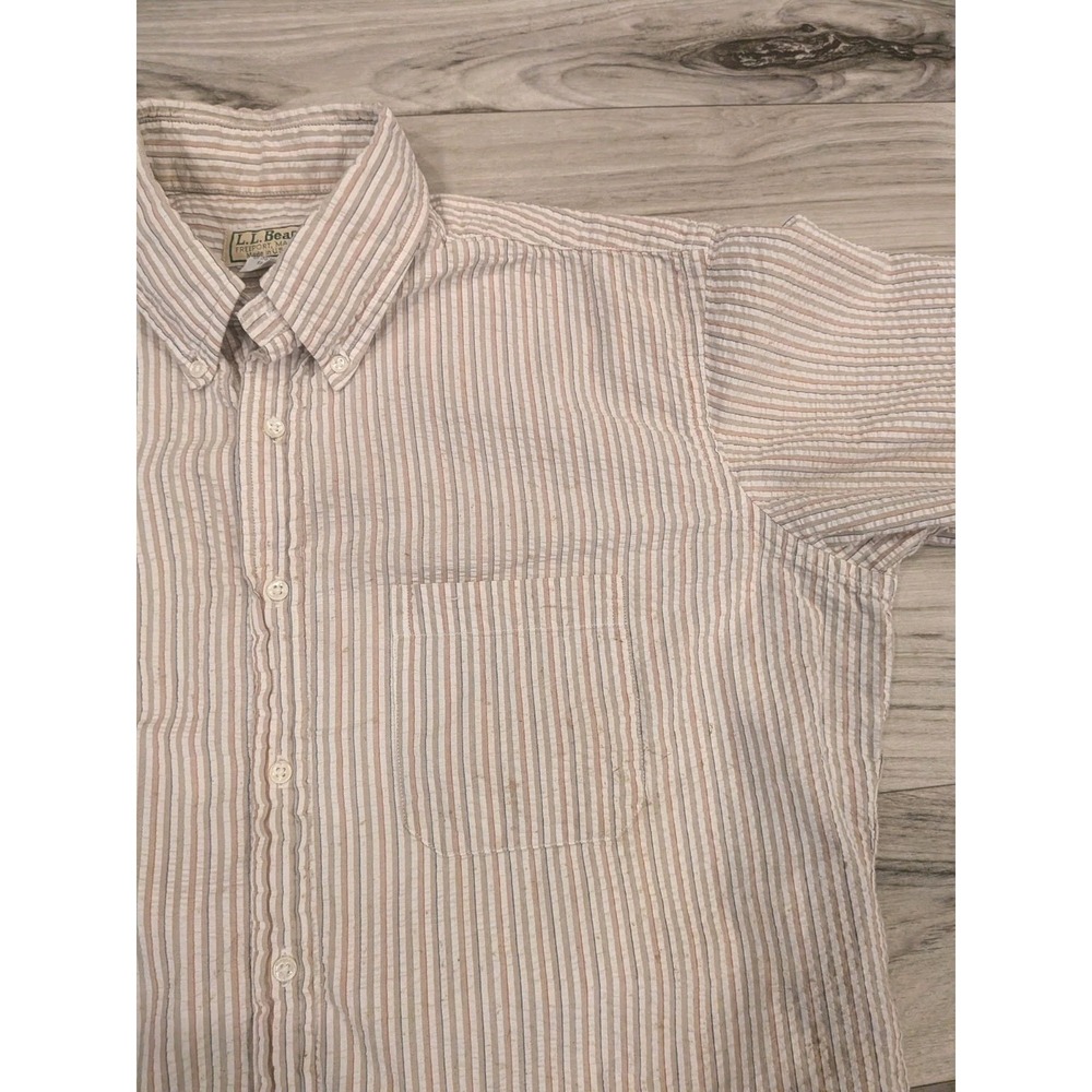 LL Bean Seersucker Shirt Mens L Tan Striped Short Sleeve Button Up Vintage USA - Picture 6 of 16